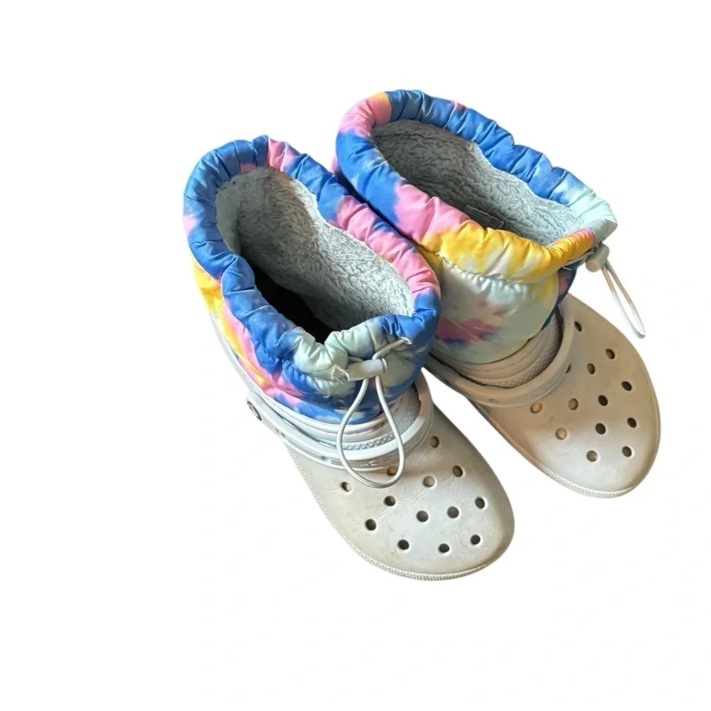 Crocs Classic Lined Neo Puff Boots W/10 M/8 In Tie-Dye Mineral Blue Fleece Lined